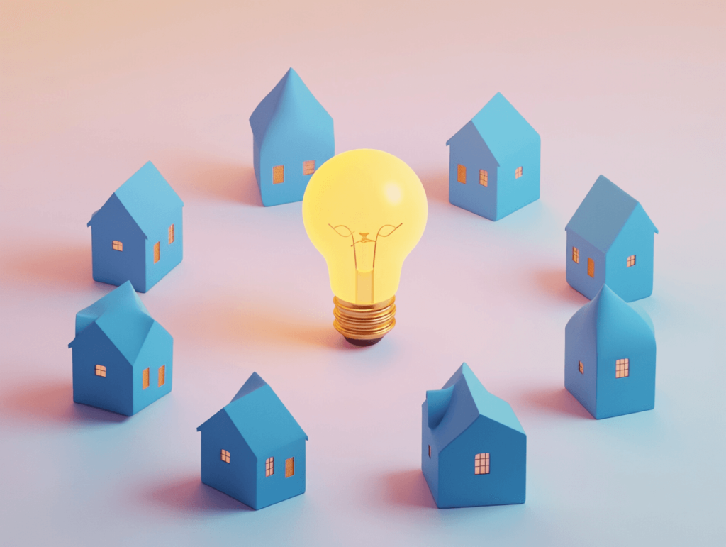 Real estate investment rondseller 3D illustration of blue houses in a circle around a 2ac10009 c72d 44e4 97dd cac30919533b