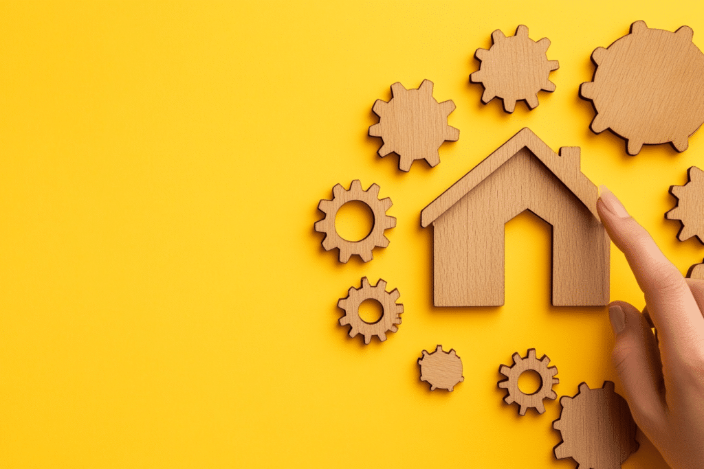 Real estate investment rondseller Wooden circular icons of gears graphs and a house b447595e 5d69 4249 b7e1 de057904d994 0